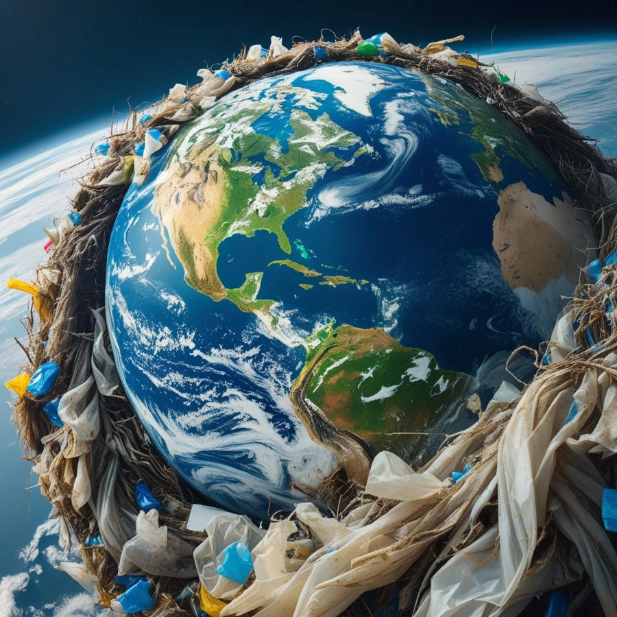 la photo de la planete terre vue depuis l'espace mais submergée par des déchets.